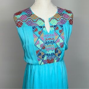 LAYERZ TURQUOISE BLUE BOHO AZTEC EMBROIDERED SUN DRESS
